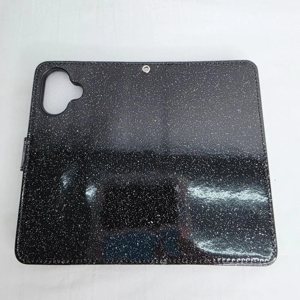 Phone Case for iPhone 16 Pro Black Glitter W Detachable Wallet with Card Holder